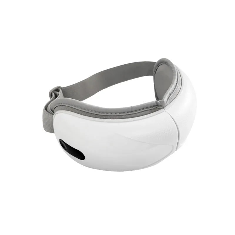 White rechargeable eye massager with ABS plastic shell for hot compress and airbag massage functions.