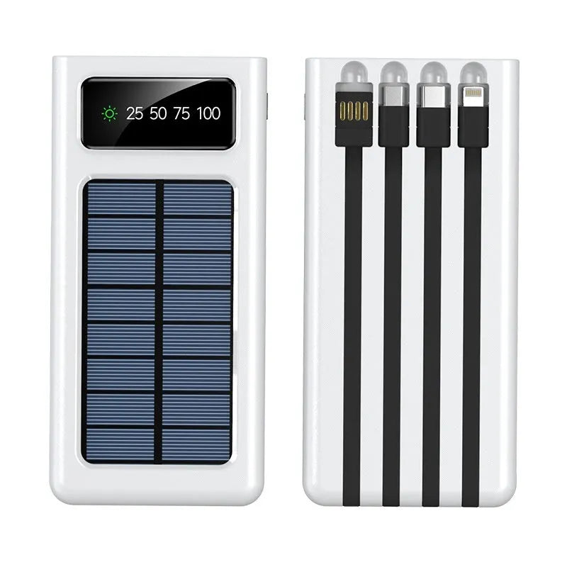 Solar portable power bank with 20000mAh capacity in black or white colours showing creative design