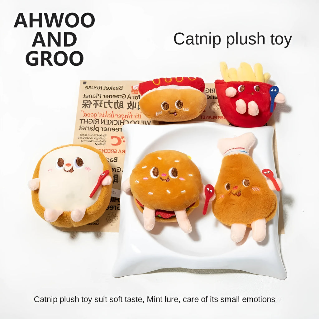 Soft TPR cat chewing toy set with hamburger, chicken leg, bread, fries, and hot dog designs for kitten teething.