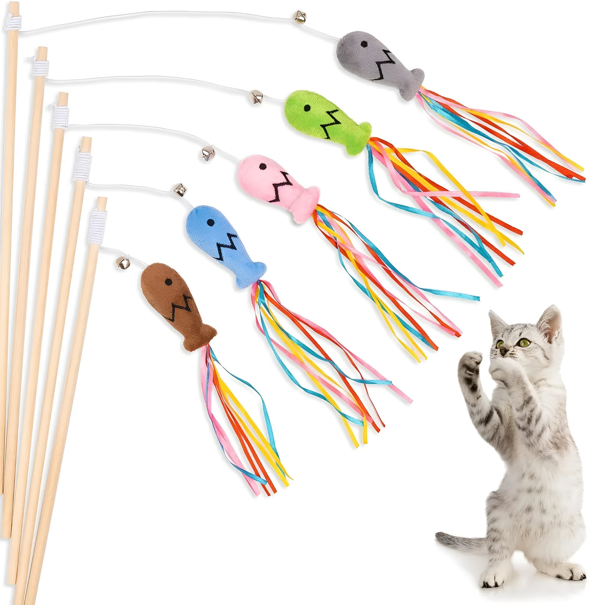 Cat wand toy with wooden handle, elastic string, catnip fish, colourful ribbons and metal bell