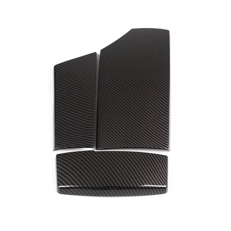Set of three black ABS plastic car armrest box covers with a diagonal carbon fibre weave pattern.