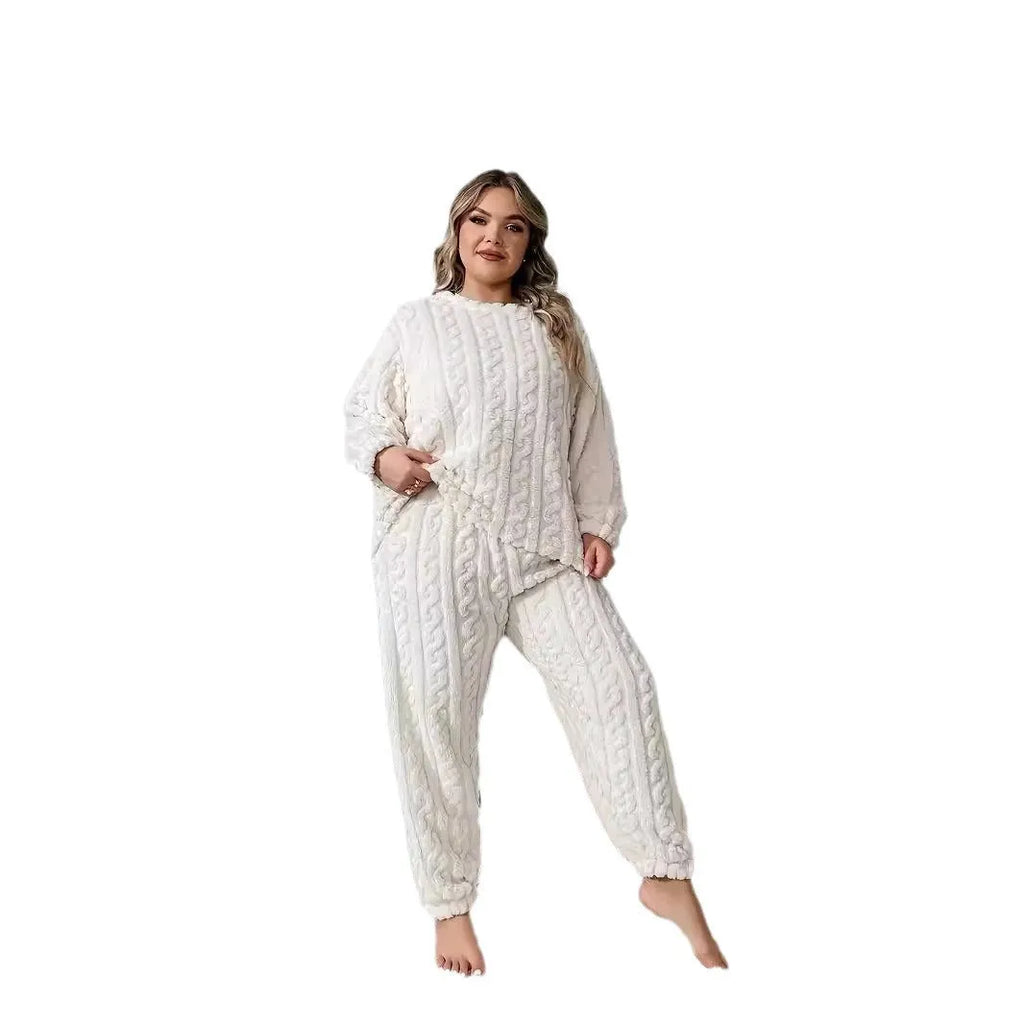 Women's creamy white polyester two-piece lounge set with crew neck top and trousers