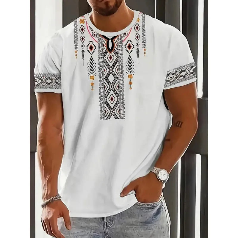 Men's loose fit short-sleeved T-shirt with 3D printed stripe patterns in business casual style