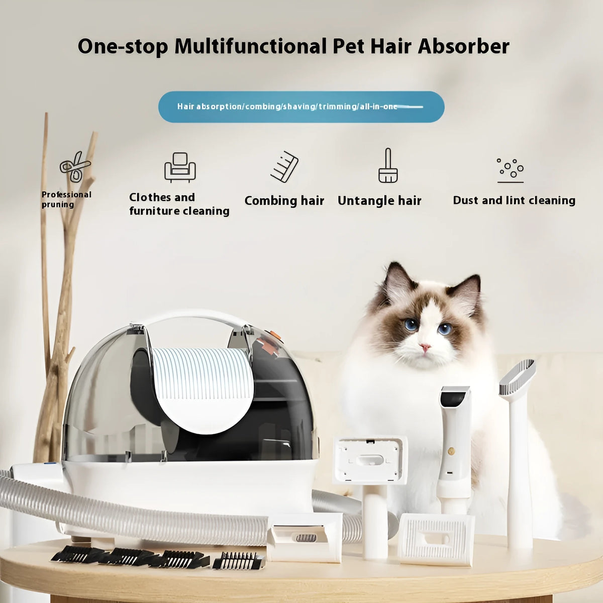 White pet grooming vacuum cleaner with electric shaver attachment and grooming tools