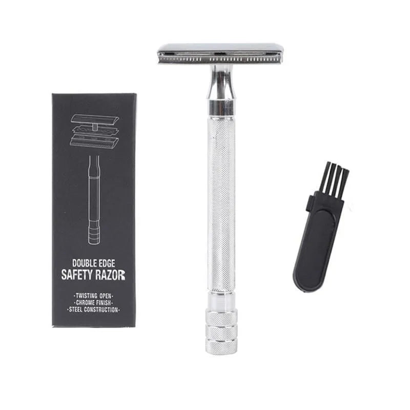 Old-fashioned manual metal shaver and brush set for traditional wet shaving, shown in black and silver options.