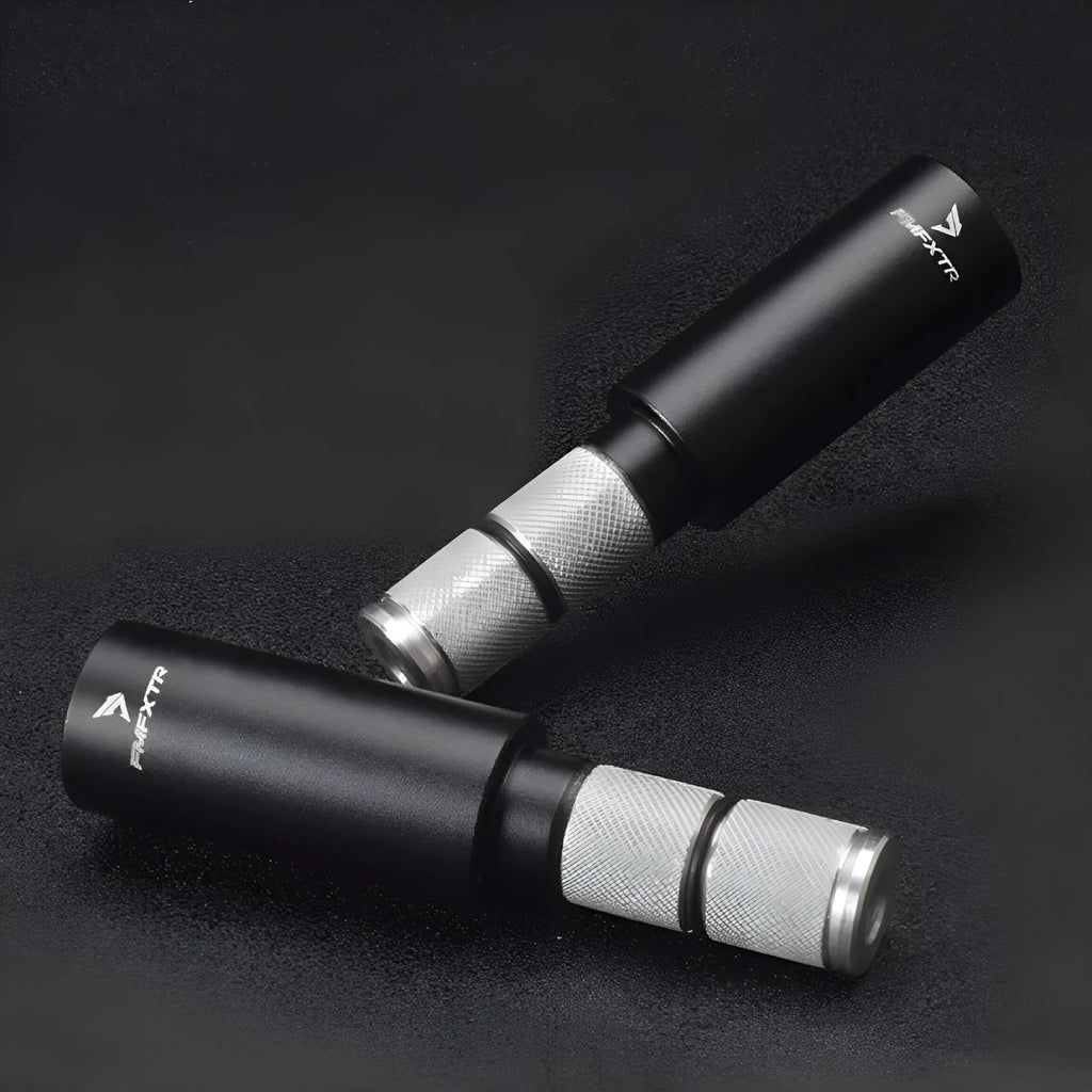 A pair of silver aluminium alloy bicycle handlebar extension rods showing their folded and extended positions.