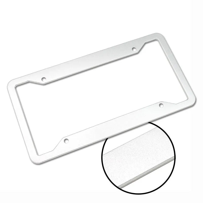Aluminum alloy license plate frame in black, light grey, sandblasted silver or stainless steel finishes