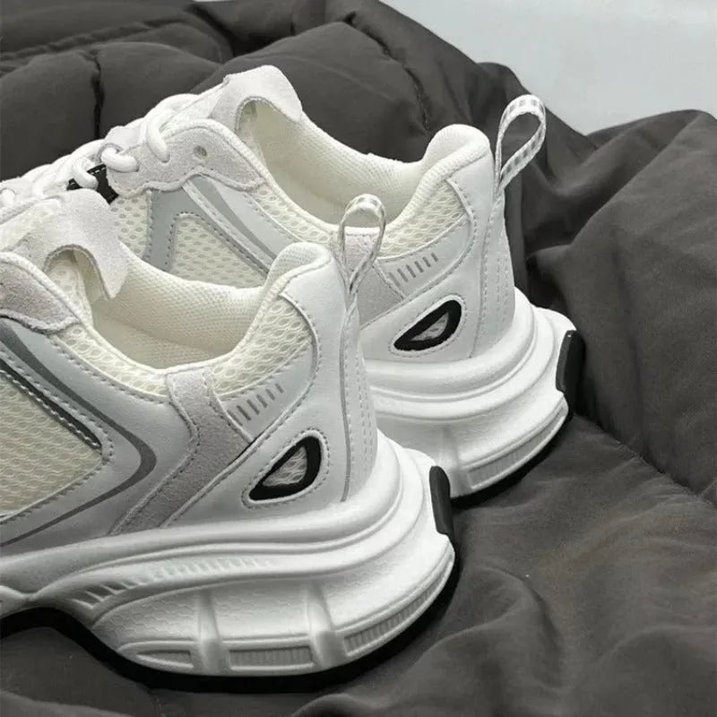 Beige Polar Wave mesh platform sneakers with a wedge heel and front lace-up on a rubber sole.