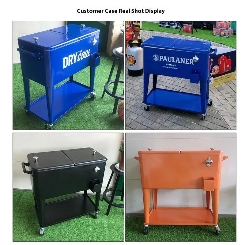 Red outdoor metal insulated trolley with dual heat preservation and ice bucket functions