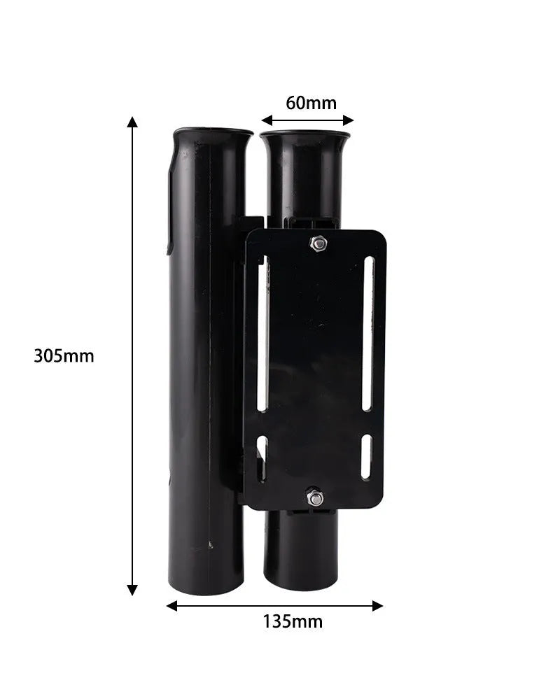 Black plastic double-layer fishing rod rack clamp mounted on a motorcycle carbon pipe frame