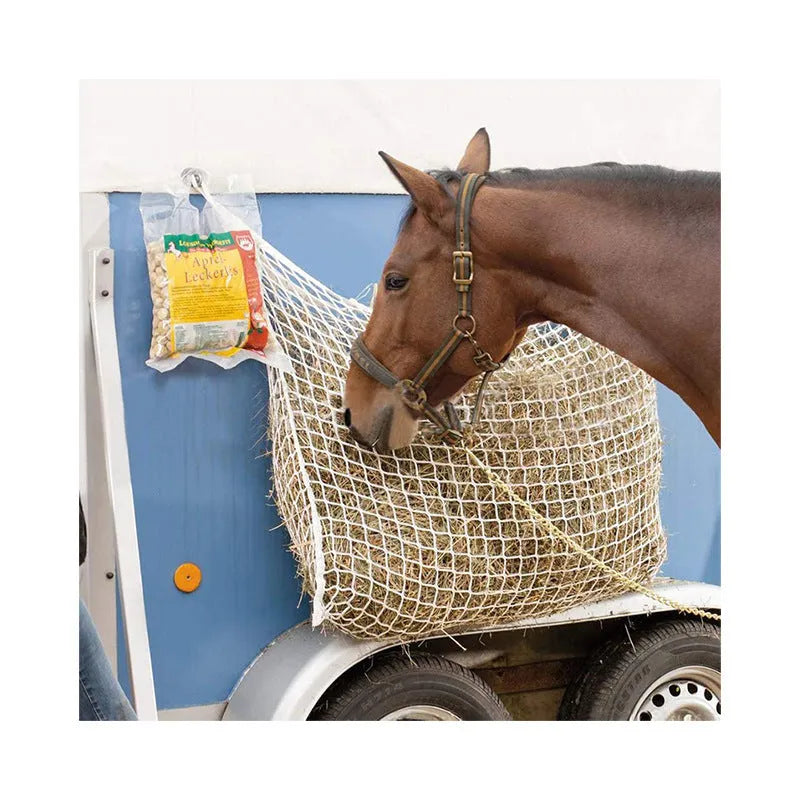 Woven grid hanging feeding bag made of PE rope, shown in black, suitable for horses and cattle.