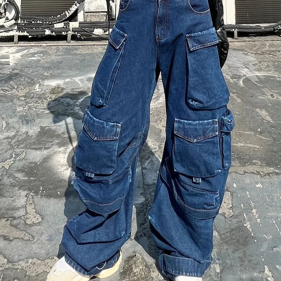 Distressed dark blue wide-leg workwear jeans with multi-pocket design and high waist