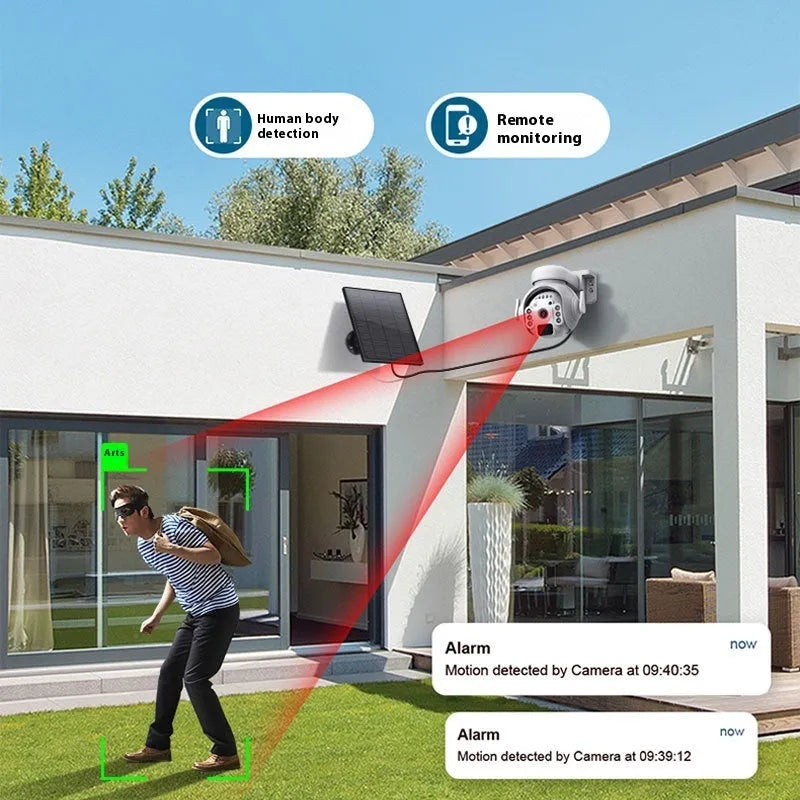 Solar-powered outdoor security camera with 3MP HD and full-colour night vision, shown in camouflage finish.