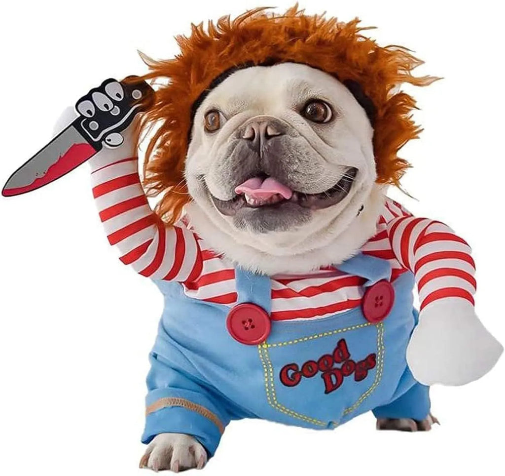 Striped Halloween harness costume for dogs and cats with knife accessory in three-piece set