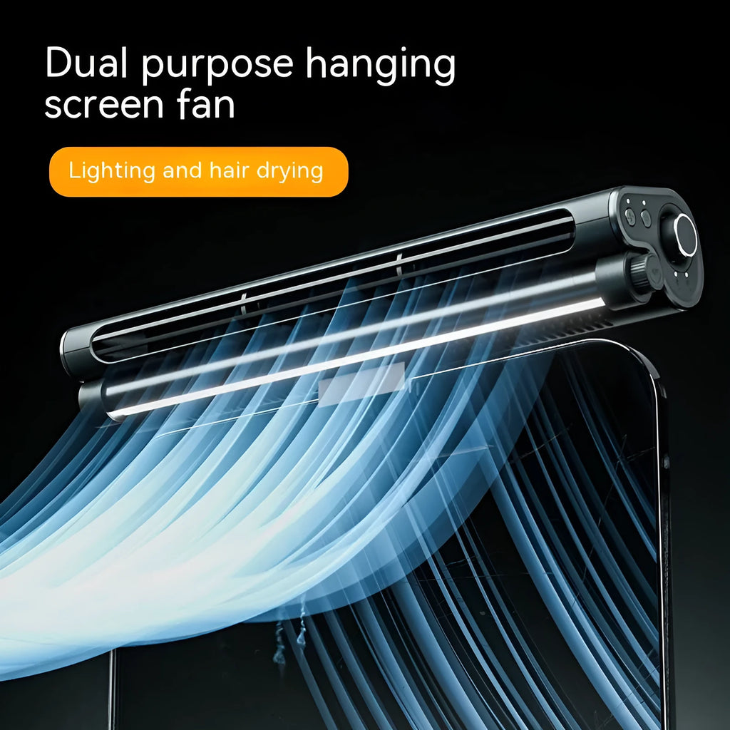 Black bladeless clip-on fan with LED light attached to laptop screen showing USB cable connection