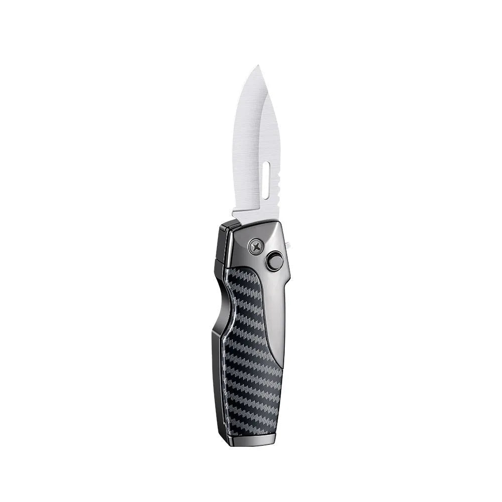 Outdoor metal folding lighter with integrated knife in various colour and texture finishes