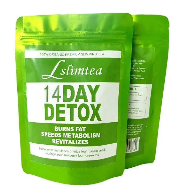 14-day herbal detox tea box with 14 individual sachets showing 42g net content