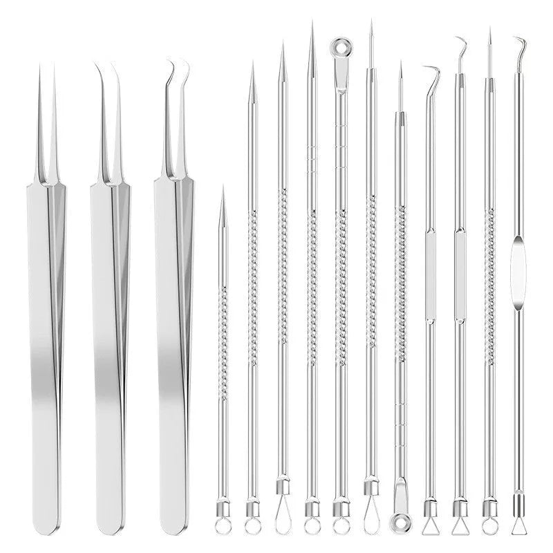 4-piece metal acne needle set with ultra-fine pointed clips on a silver background.