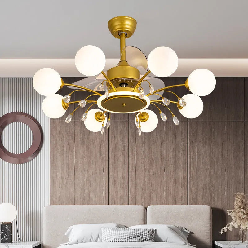 DC frequency conversion ceiling fan light with acrylic lampshade and metal blades in black or gold finish