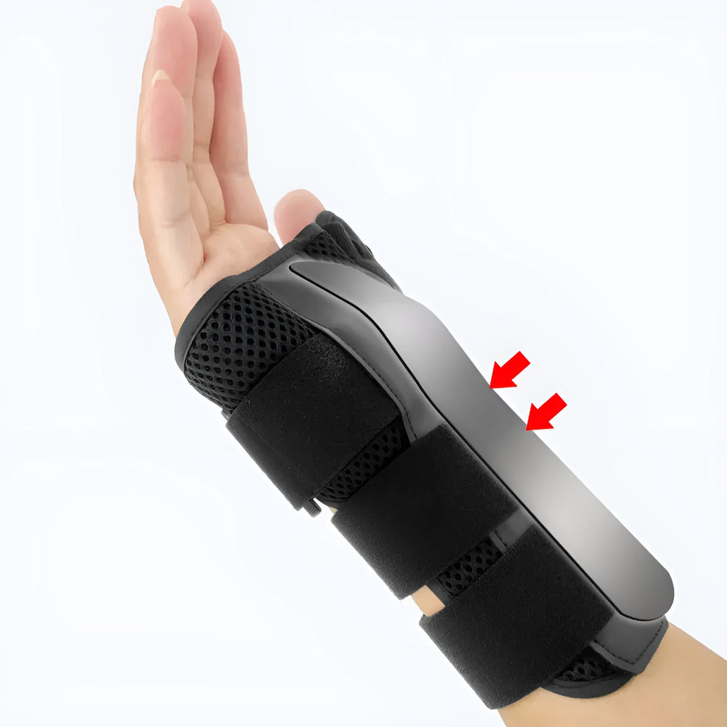 Black sports wrist guard with carbon fibre panel and grey thumb strap for left hand support