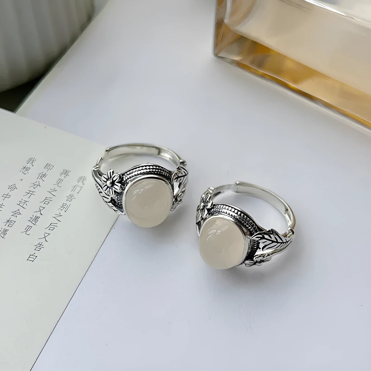 Copper adjustable opening ring with white chalcedony vintage finish and U-shaped design