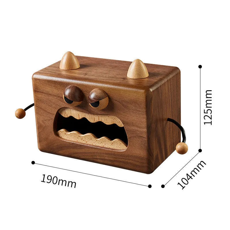Wooden tissue box with cartoon monster design in walnut finish on beech wood