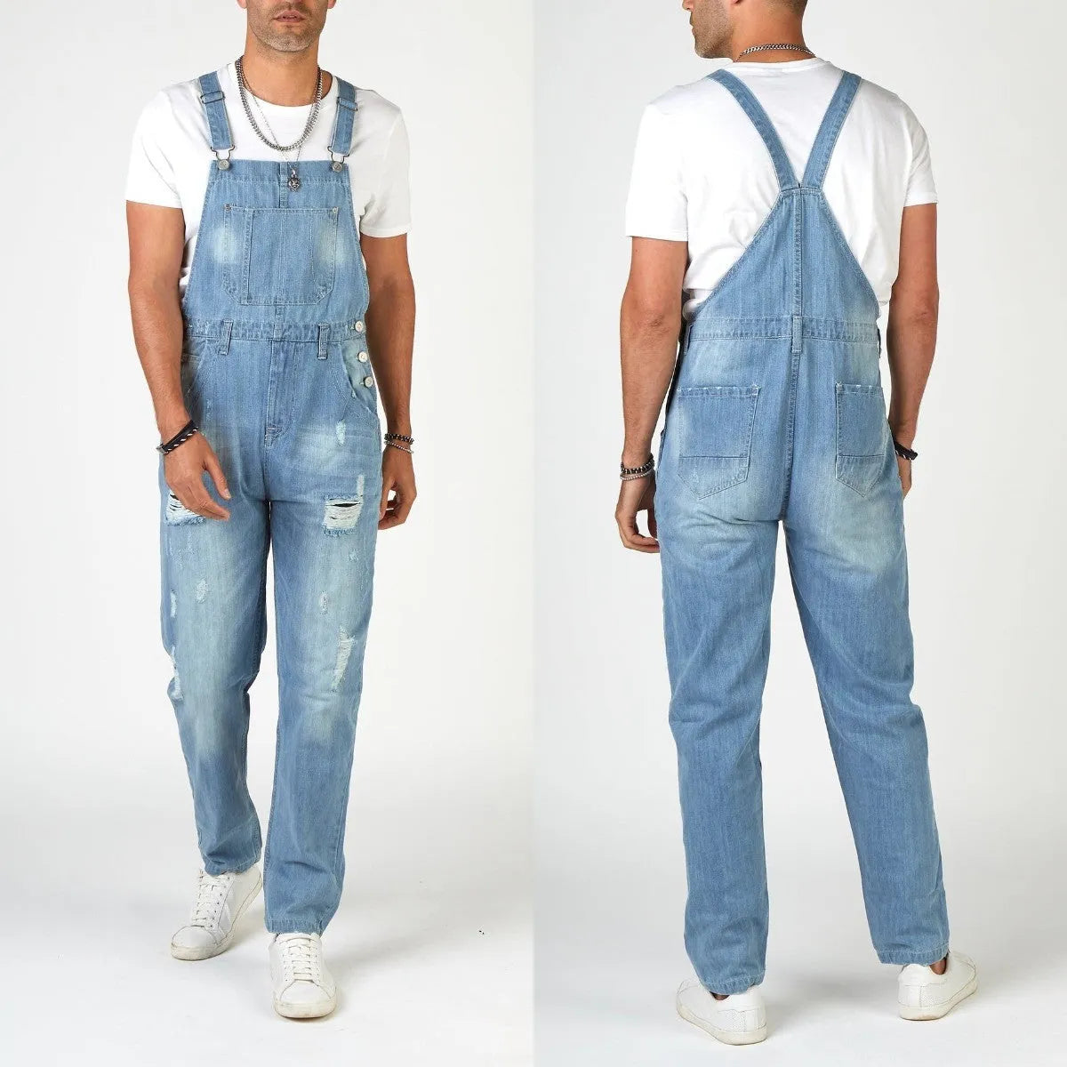 Men's light blue ripped suspender jeans with button fly and straight leg cut
