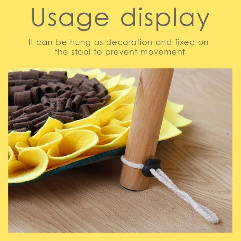 Yellow sunflower shaped dog snuffle mat with fleece petals for hiding treats during nosework training