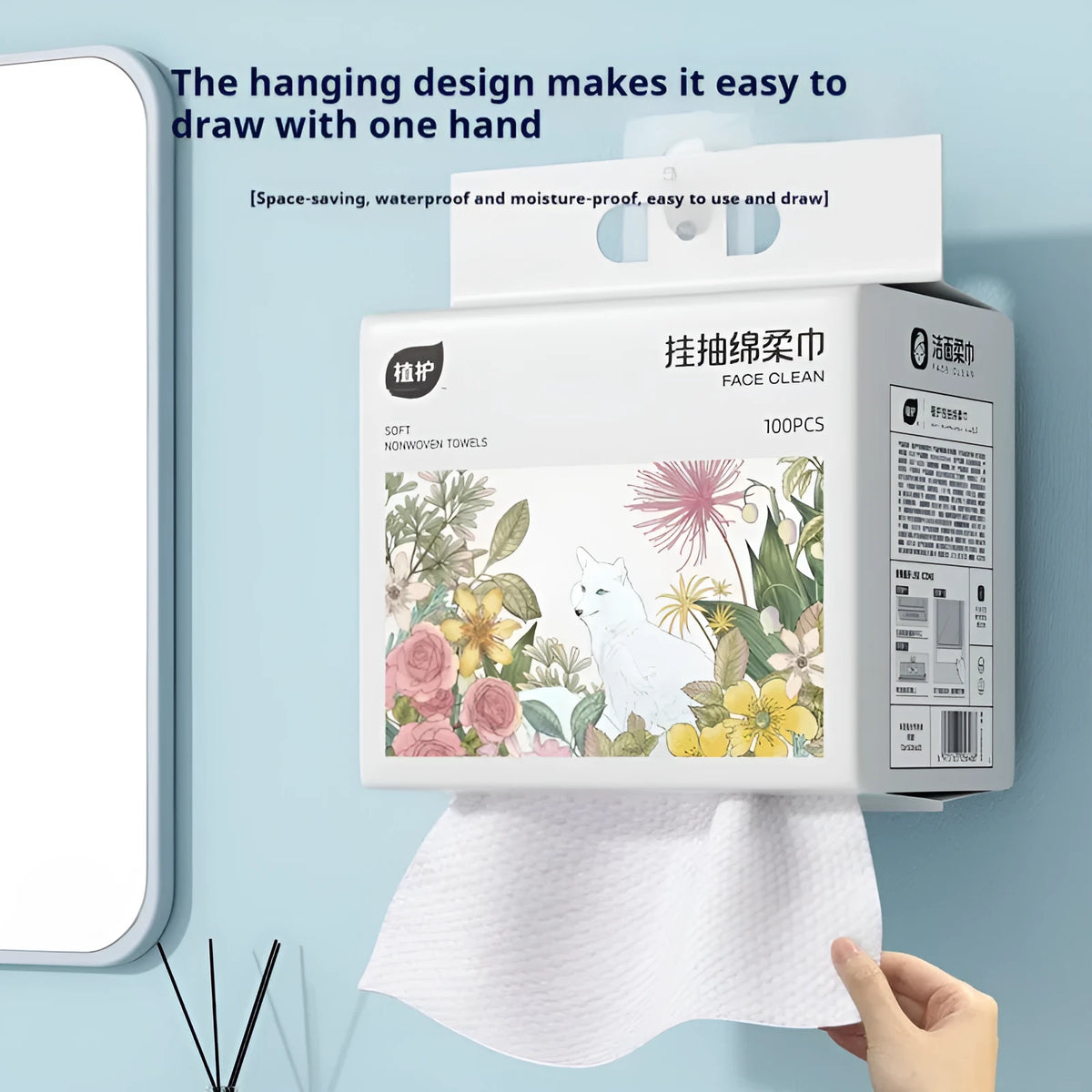 Disposable hanging soft towel roll with 100 sheets in viscose-polyester blend
