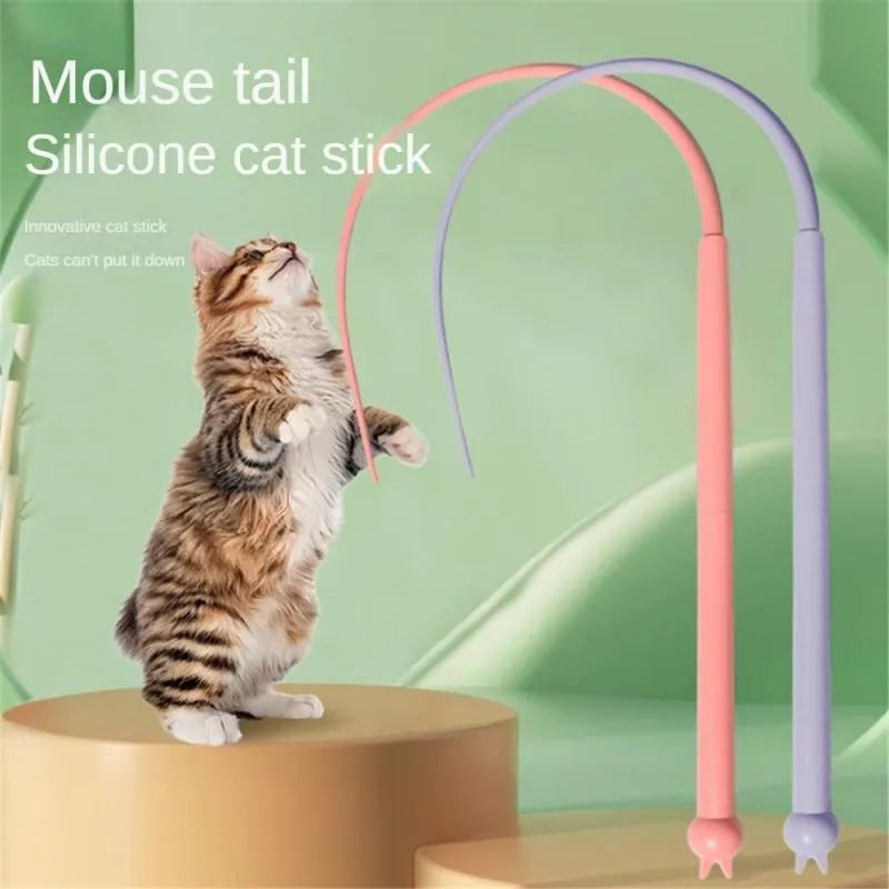 Blue simulated mouse tail cat toy with silicone tail and cat head design on 80cm wand