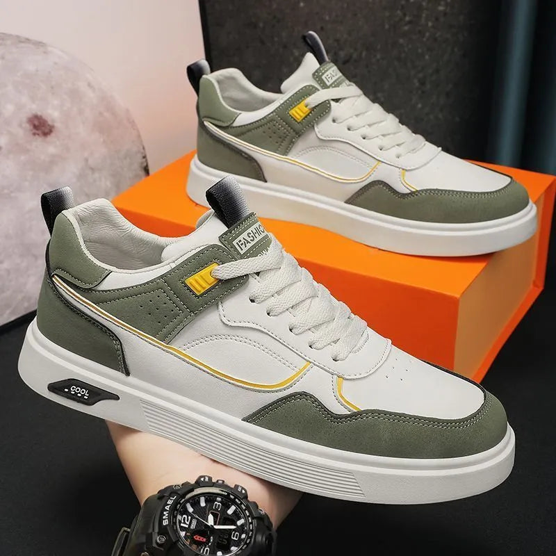 Men's low-top canvas board shoes in black with leather stitching and mesh lining.