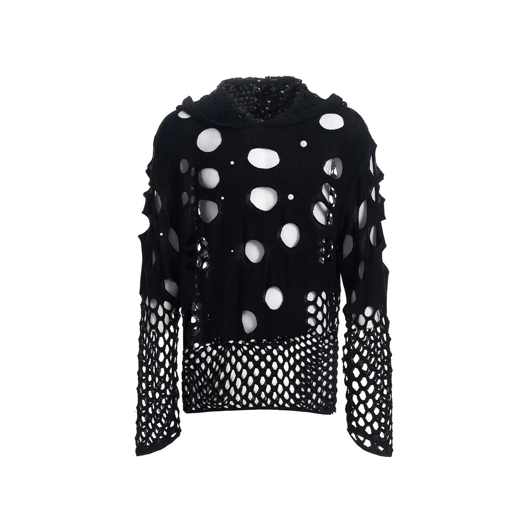 Men's black loose hoodie with pearl decoration on hood, thin spring sweater pullover design