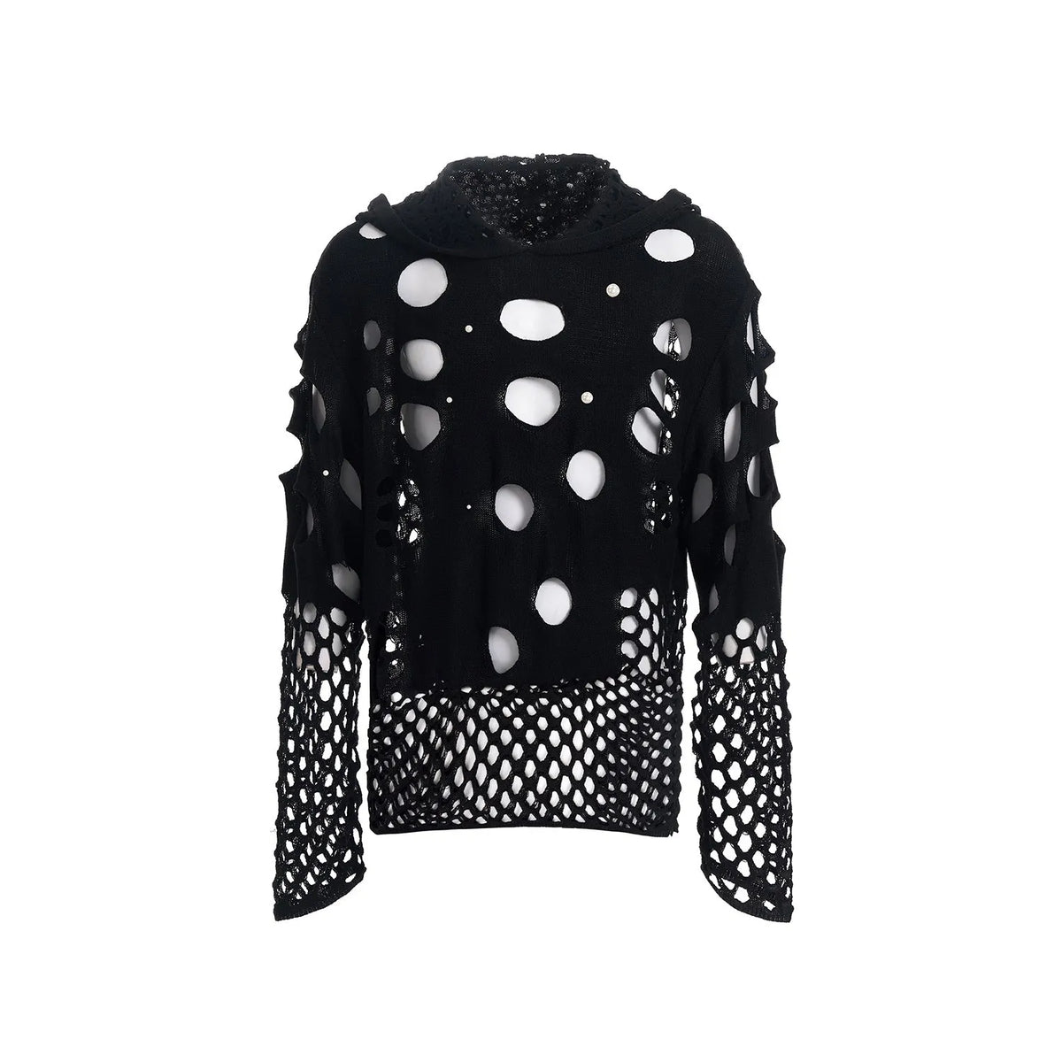 Men's black loose hoodie with pearl decoration on hood, thin spring sweater pullover design