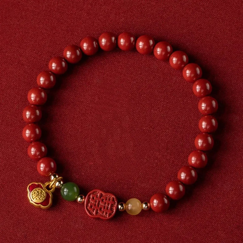 New Chinese style fu character cinnabar bracelet with emperor sandstone beads