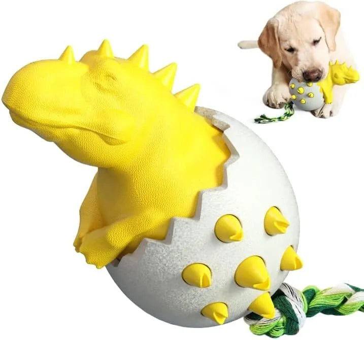 Blue dinosaur-shaped dog chew toy with integrated nylon rope on a wooden floor.