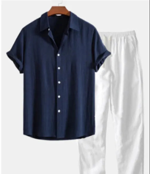 Men's floral print casual shirt and pants set in slim fit with short sleeves