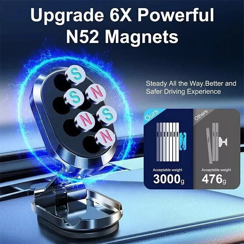 Chrome finish magnetic car phone holder with folded and extended positions showing adjustable head