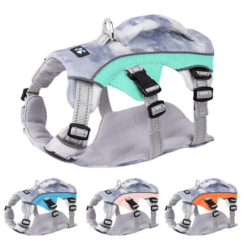 Reflective light blue adjustable dog chest strap harness made of polyester