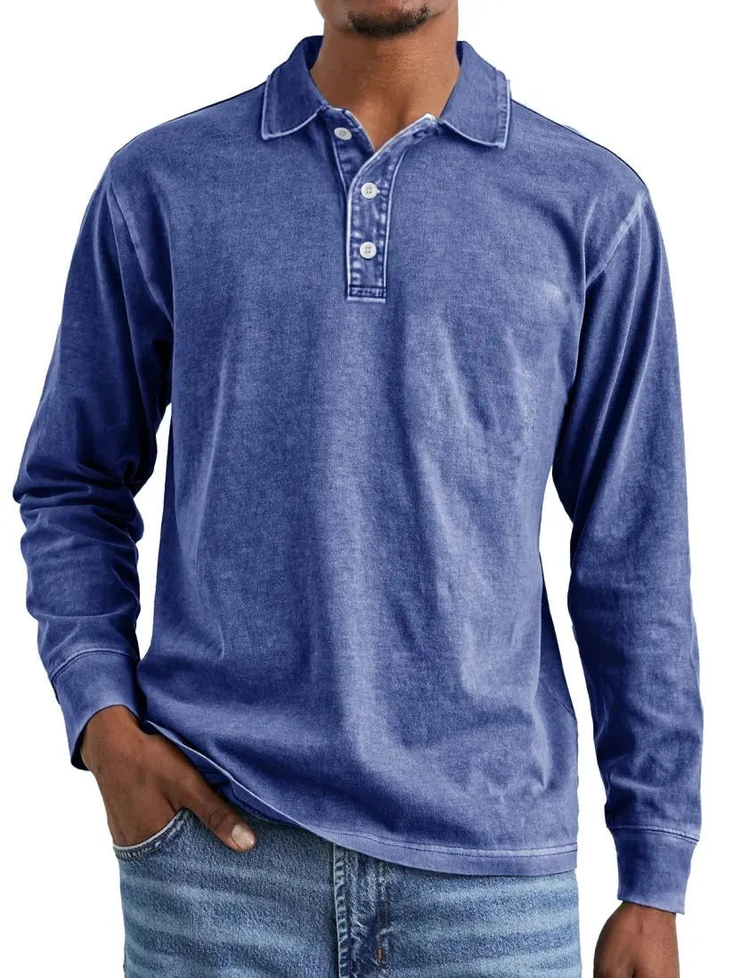 Retro styled long sleeve polo shirt with a distressed lapel, shown in army green colour