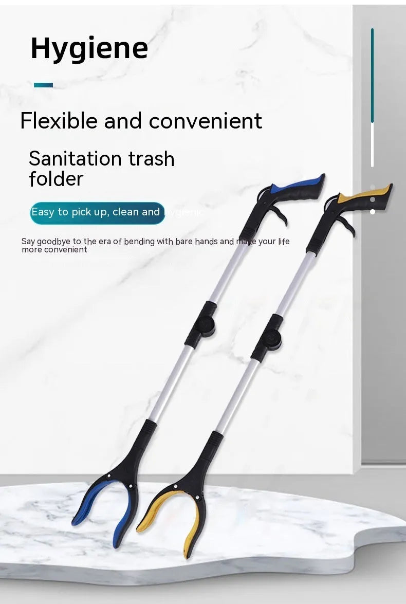 Folding aluminium garbage pick-up clamp with extended shaft and magnetic sucker attachment on a blue handle.