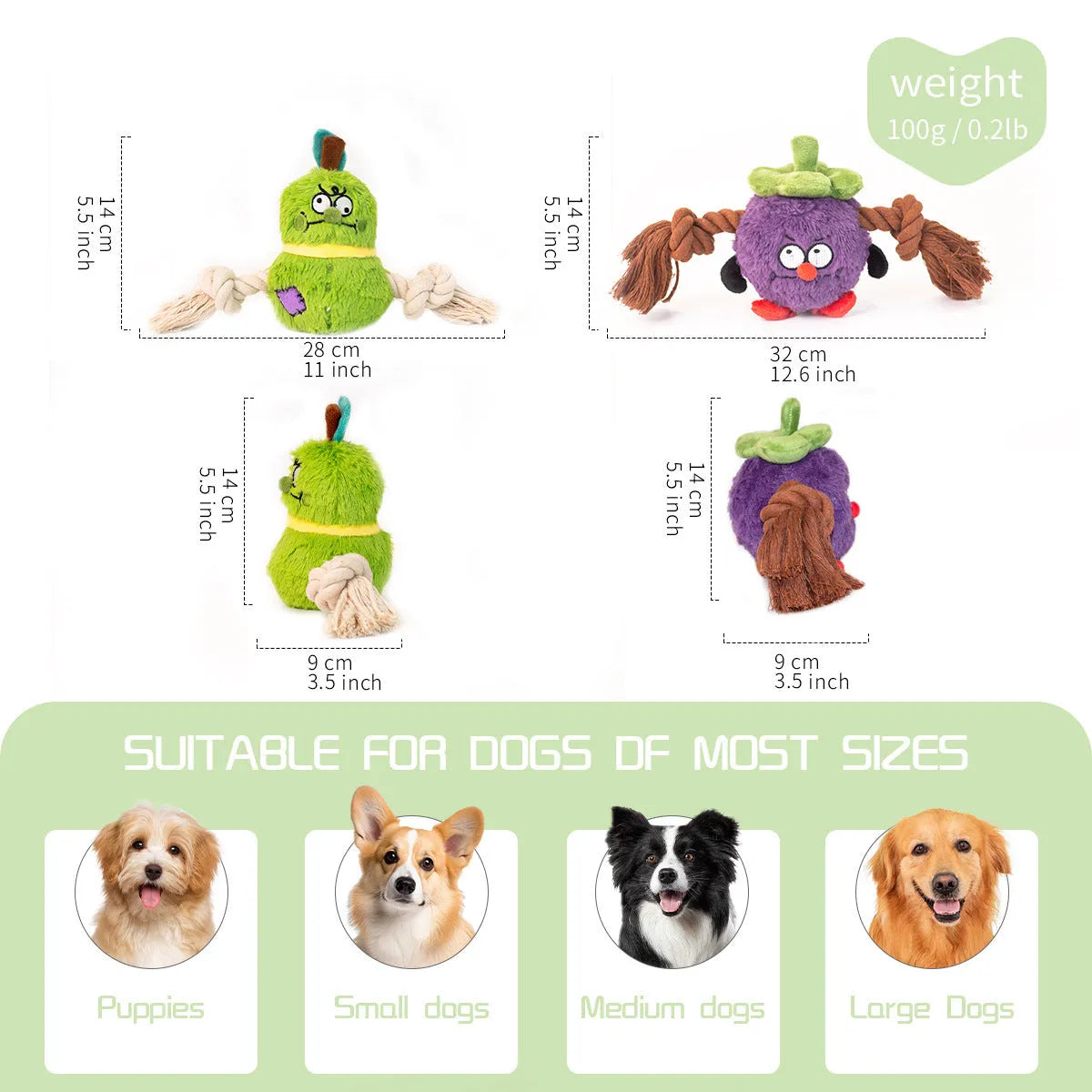 Green and purple plush dog toy with rope knots and a molar tooth shape for tug of war and chewing.