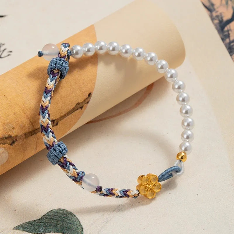 Sterling silver chalcedony bracelet with Chinese flower weaving and peach coloured cord