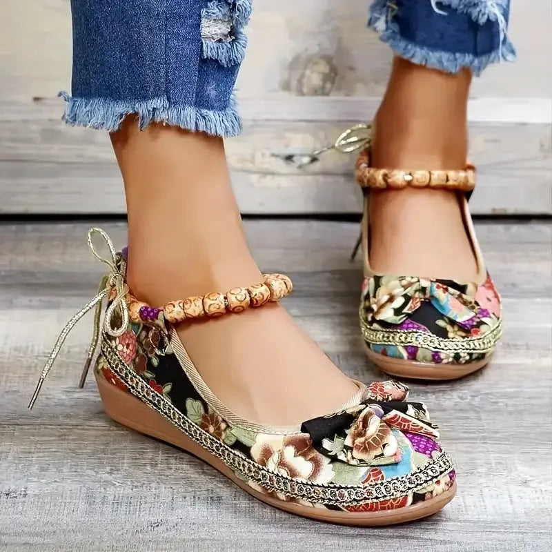 Women's black ethnic platform sandals with elasticated band and cloth upper on PU sole