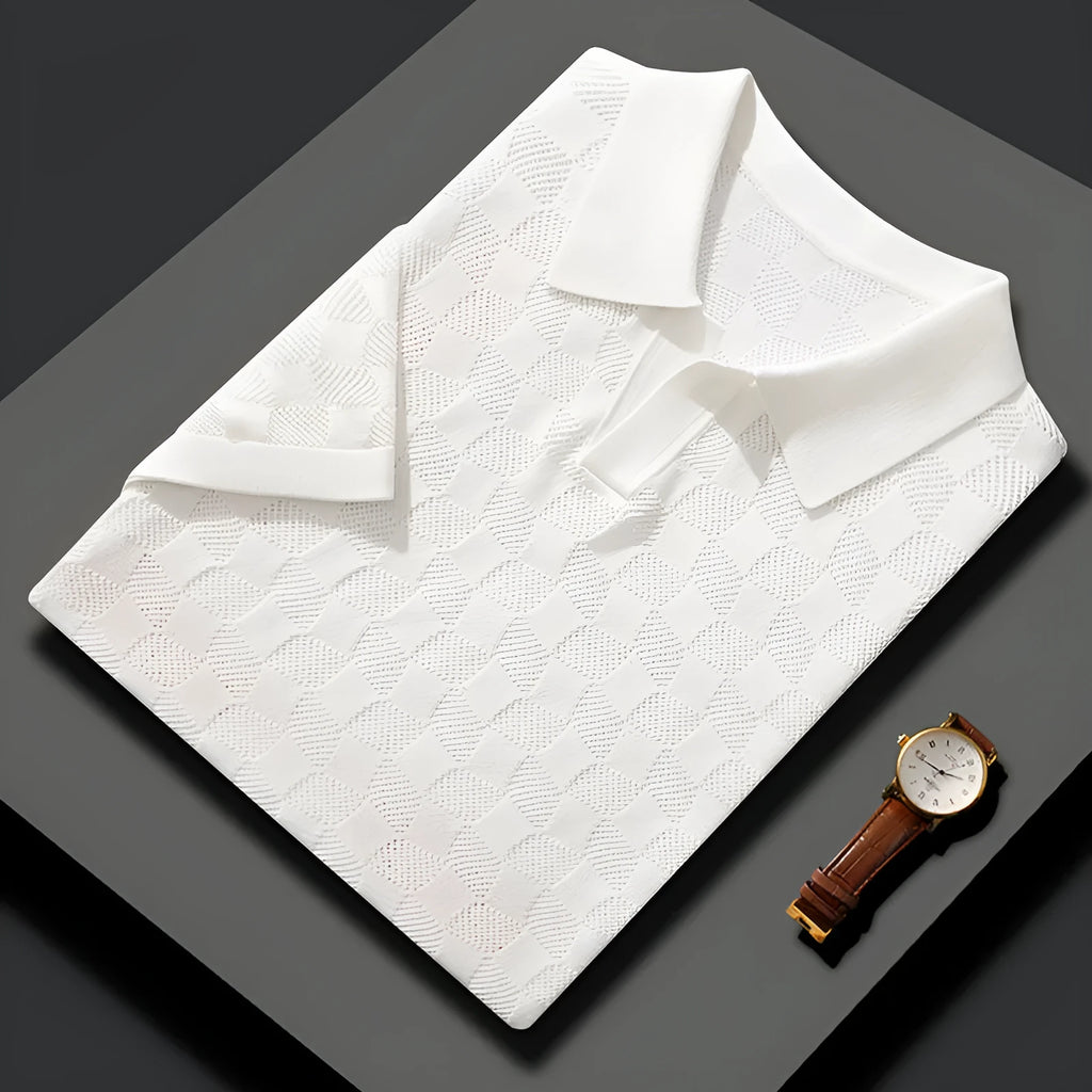 Men's short sleeve lapel sweater in mulberry silk, shown in a solid colour with a V-neck and Jacquard knit texture.
