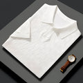 Men's short sleeve lapel sweater in mulberry silk, shown in a solid colour with a V-neck and Jacquard knit texture.