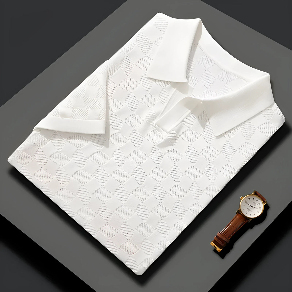 Men's short sleeve lapel sweater in mulberry silk, shown in a solid colour with a V-neck and Jacquard knit texture.