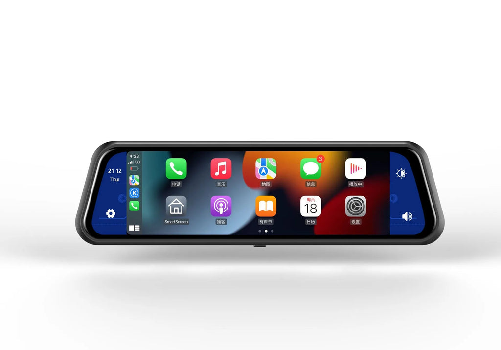 Black dual-lens driving recorder with 9.66-inch touch screen mounted on a car rearview mirror.