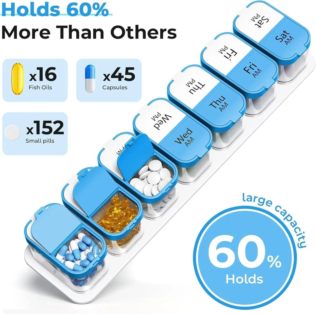 14 compartment plastic pill organiser with removable daily trays in rainbow colour option showing dimensions