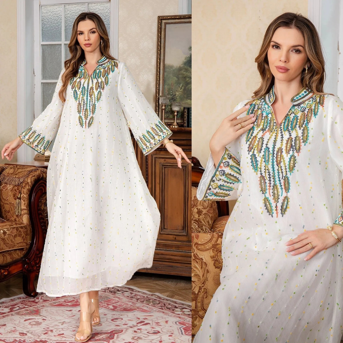 Women's white Dubai Arabic robe with long sleeves and full-length skirt in polyester fabric