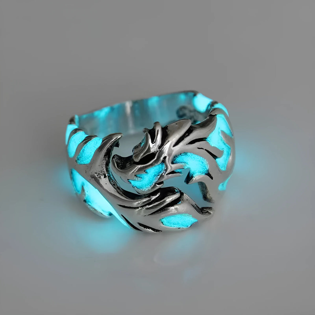 Chinese style adjustable ring with luminous dragon pattern in antique silver blue and green electroplated finish